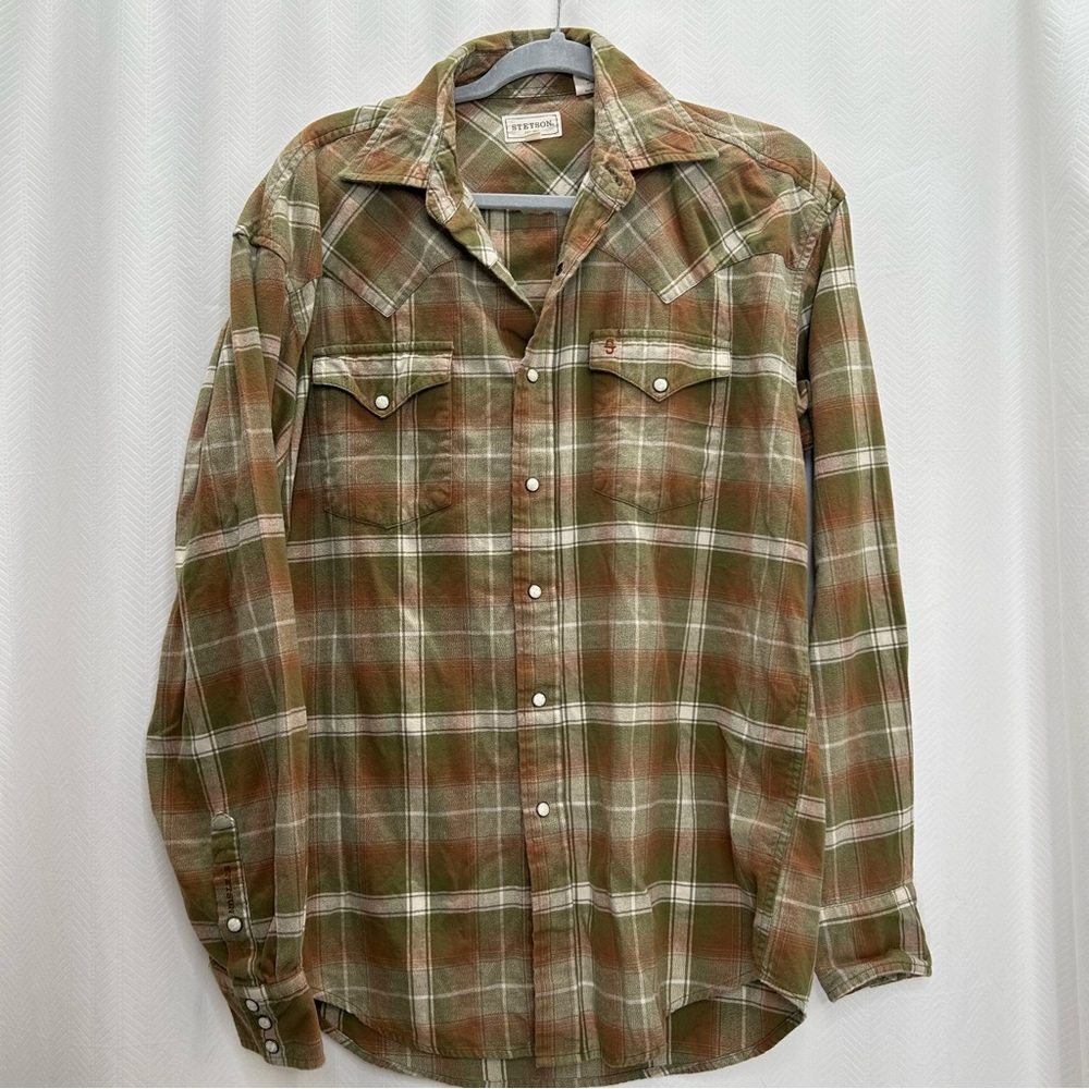 Stetson Men’s green and tan plaid pearl snap button shirt